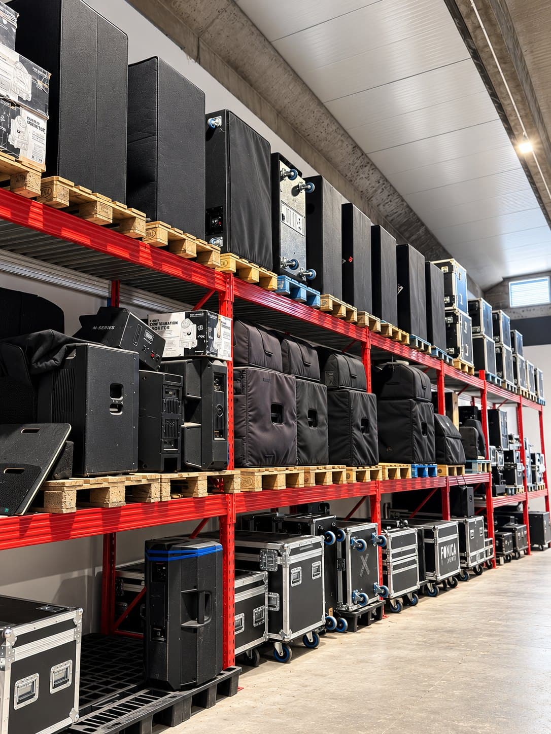 Racking with speakers, subwoofers and flight cases stacked in rows