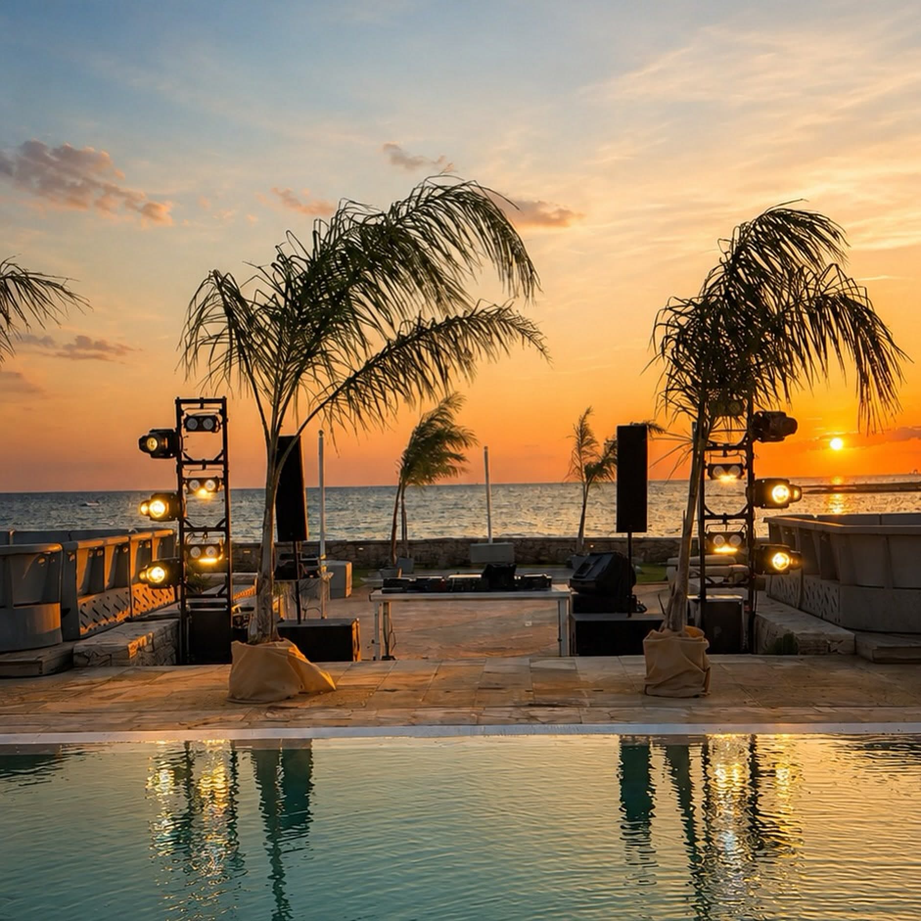 Sound and lighting rigged by the pool facing the sea, at sunset
